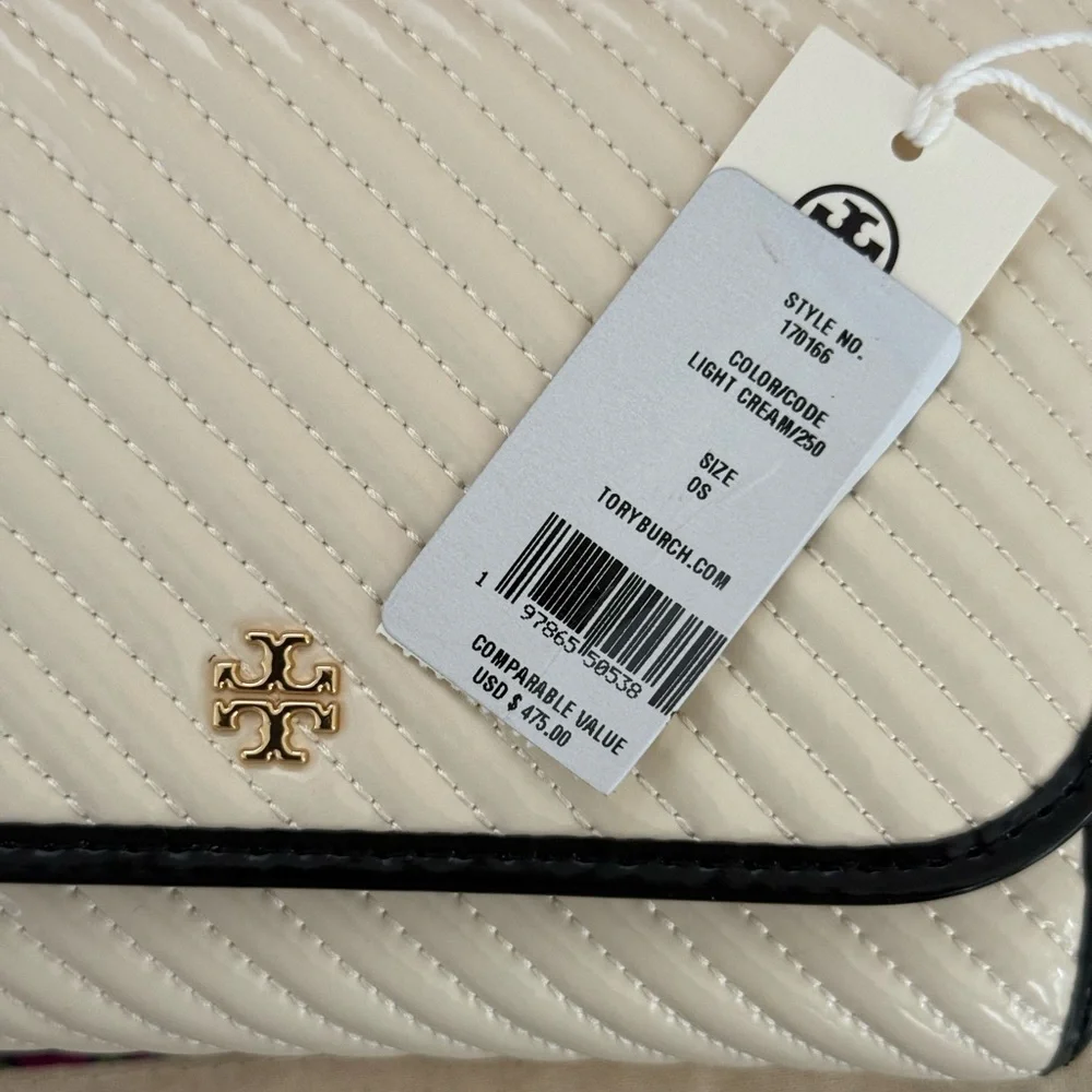 New 475! Emerson Patent Tory Burch light Cream and Black chain wallet crossbody